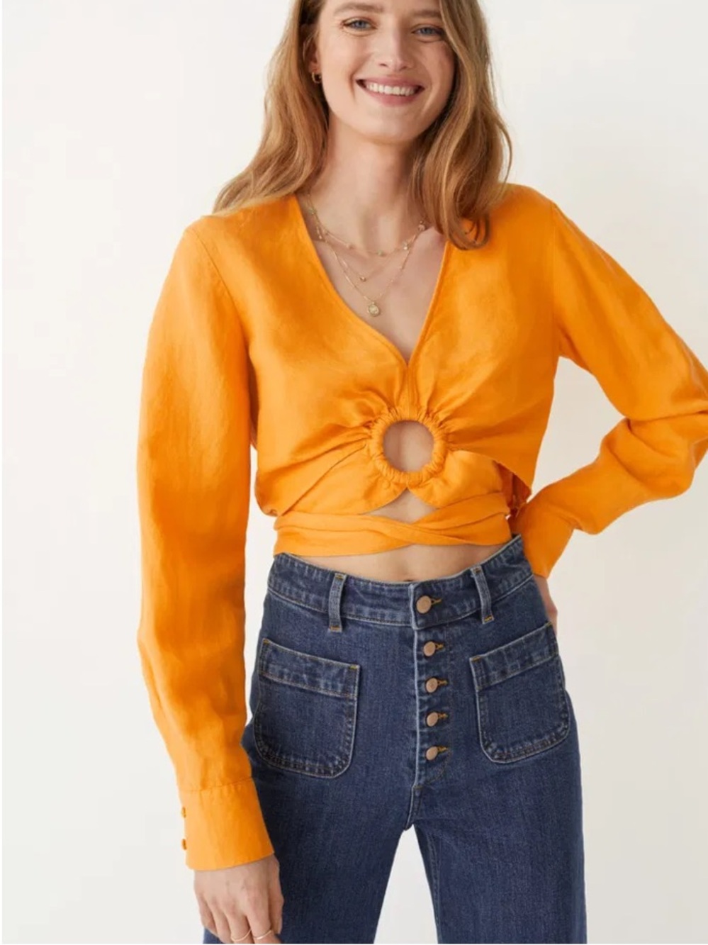 & Other Stories Bright yellow Orange linen Long-Sleeve Cutout Crop Top 2